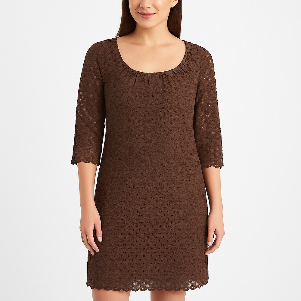 Chris McLaughlin Brown Crochet Lace Overlay Dress Size 12 Scoop Neck 3/4 Sleeve